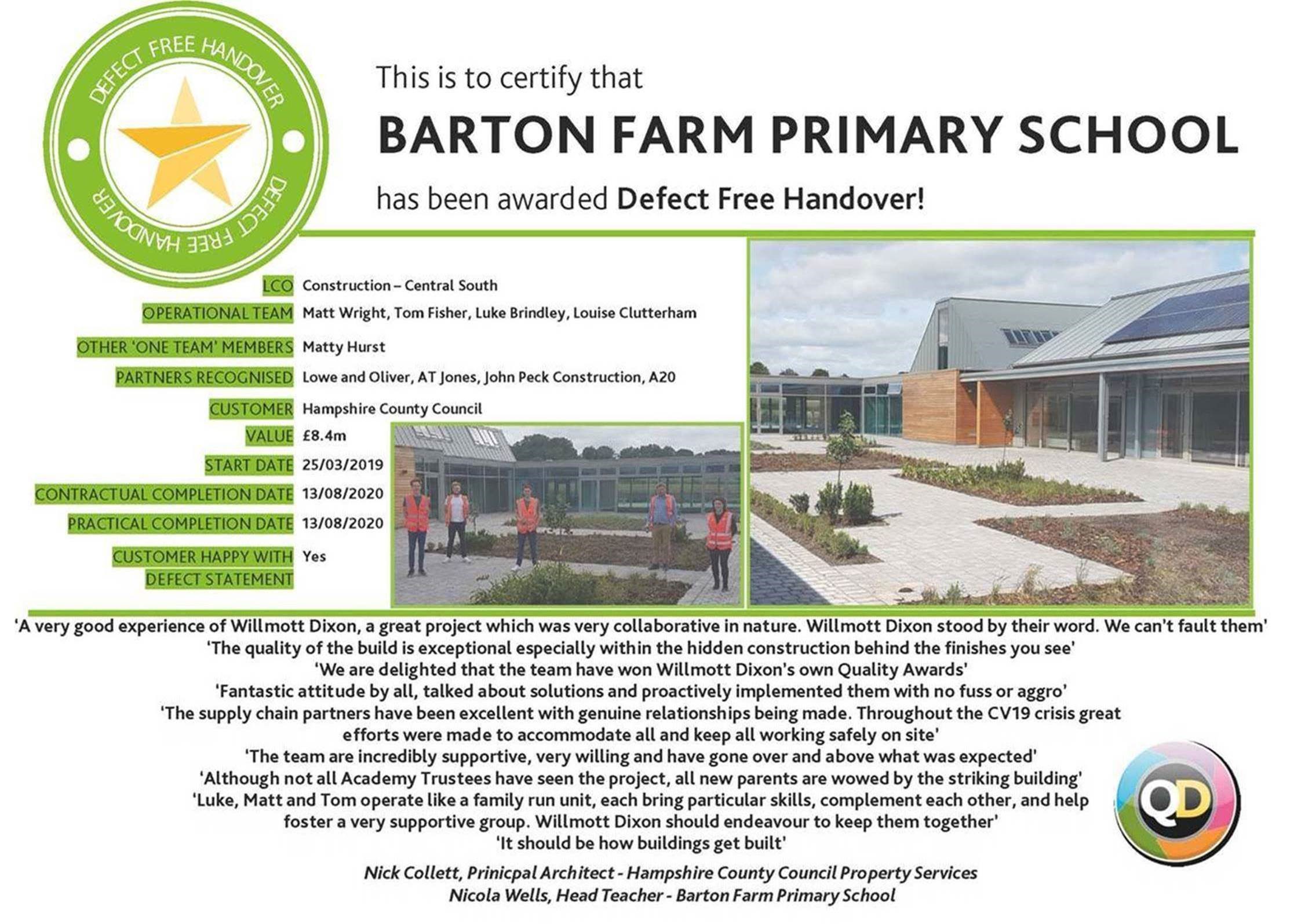 Barton Farm Primary School - Defect Free Handover