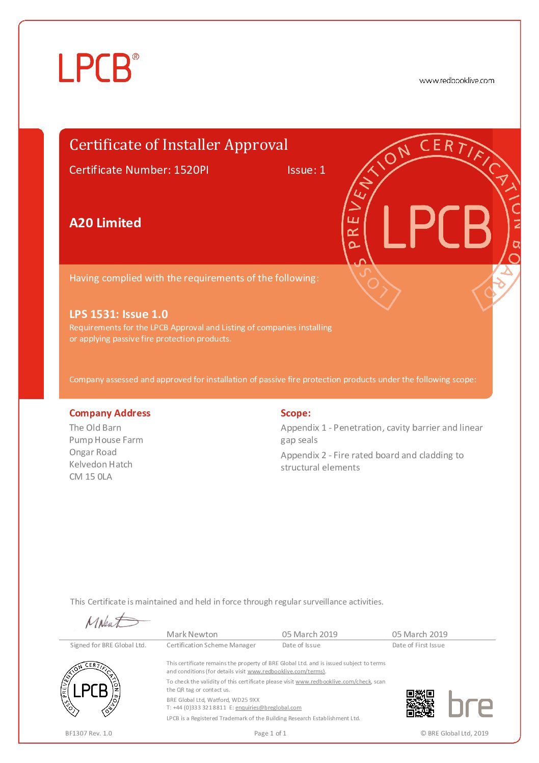 LPCB Certificate of Installer Approval - Cert No 1520PI